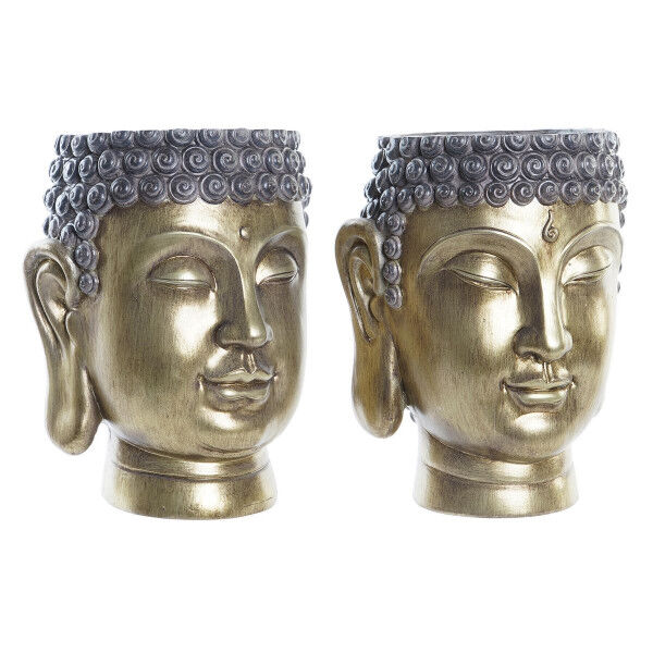 Macetero DKD Home Decor Gris Dorado Buda Resina Oriental (2 Unidades)