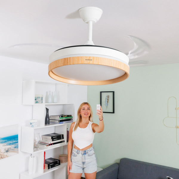 Lubų ventiliatorius su LED šviesa ir 4 ištraukiamomis mentėmis Woteez InnovaGoods Medžio 72 W Ø49-104 cm