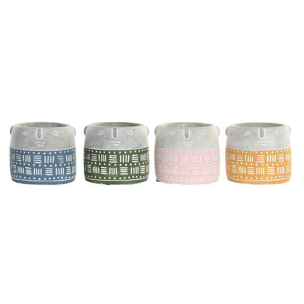 Macetero DKD Home Decor Cara Azul Rosa Cemento Verde Amarillo (13 x 13 x 11 cm) (4 Unidades)