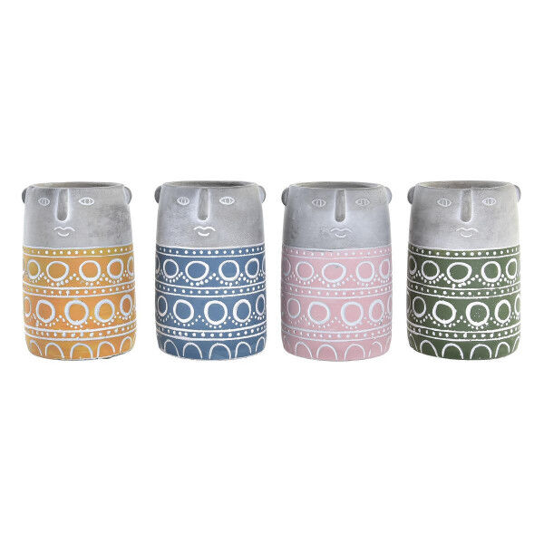 Macetero DKD Home Decor Cara Azul Rosa Cemento Verde Amarillo (12 x 12 x 18 cm) (4 Unidades)